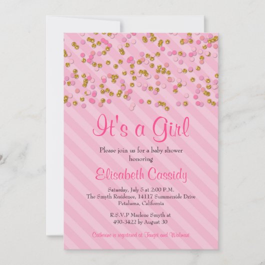 ピンク&金ゴールドグリッター散水ベビーシャワー招待状 招待状 (正面)