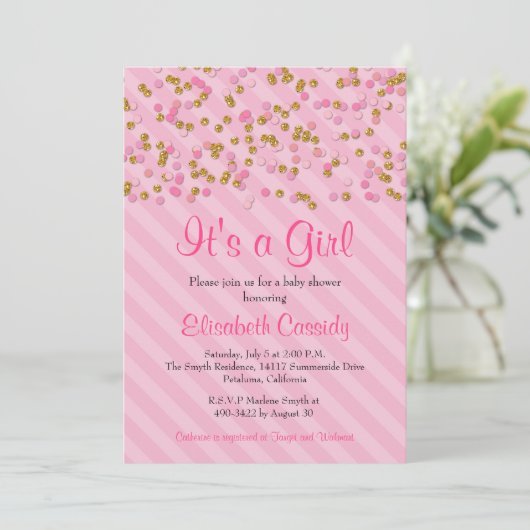 ピンク&金ゴールドグリッター散水ベビーシャワー招待状 招待状 (スタンド正面)