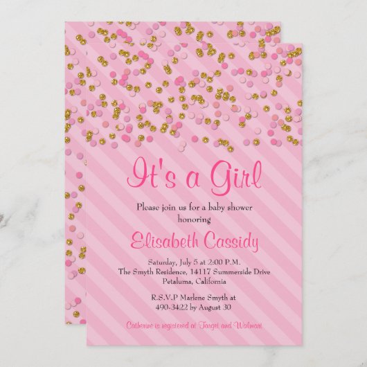 ピンク&金ゴールドグリッター散水ベビーシャワー招待状 招待状 (正面/裏面)