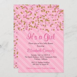 ピンク&金ゴールドグリッター散水ベビーシャワー招待状 招待状