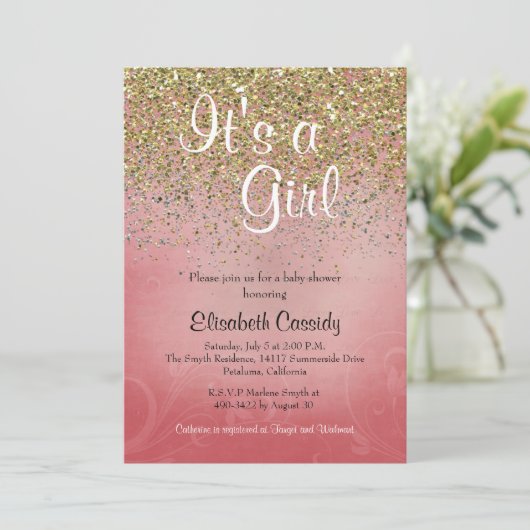 ピンク&金ゴールドグリッター散水ベビーシャワー招待状 招待状 (スタンド正面)