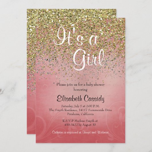 ピンク&金ゴールドグリッター散水ベビーシャワー招待状 招待状 (正面/裏面)