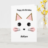 ピンク&金ゴールドグリッター猫誕生日 カード (黄色い花)