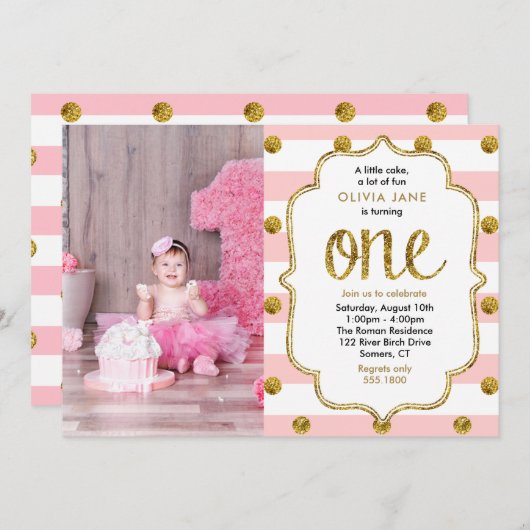 ピンク、金ゴールドグリッター第1誕生日フォト招待状 招待状 (正面/裏面)