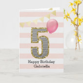 ピンク&金ゴールドグリッター第5誕生日ガール カード (黄色い花)