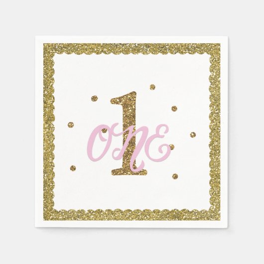 ピンク&金ゴールドグリッター1 ONE 1歳の誕生日パーティー スタンダードカクテルナプキン (正面)