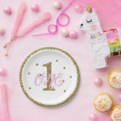 ピンク&金ゴールドグリッター1 ONE 1歳の誕生日パーティー ペーパープレート (パーティー)