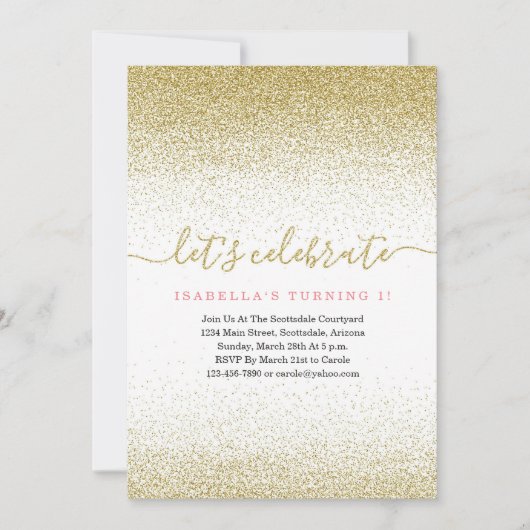 ピンク&金ゴールドグリッター1st誕生日招待状FIRST 招待状 (正面)