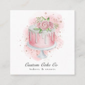 ピンク、金ゴールドグリッター&フローラカスタムケーキベーカリー スクエア名刺 (正面)