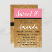 ピンク+金ゴールドグリッターAスウィート16誕生日招待状 招待状 (正面/裏面)
