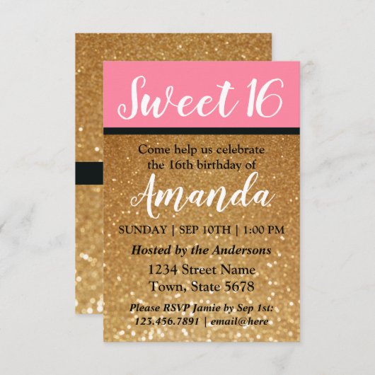 ピンク+金ゴールドグリッターAスウィート16誕生日招待状 招待状 (正面/裏面)