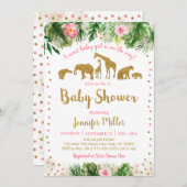 ピンク&金ゴールドサファリアニマルベビーシャワー 招待状 (正面/裏面)