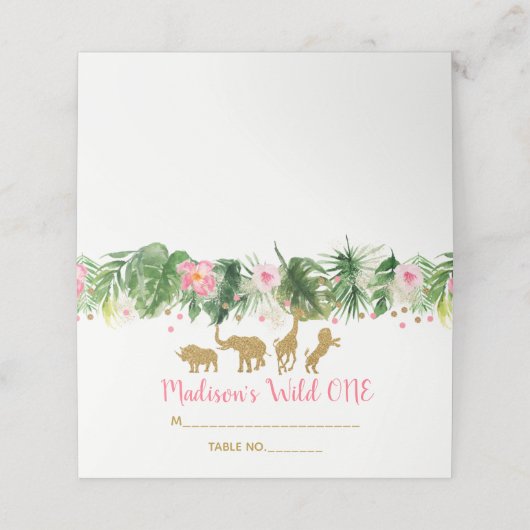 ピンク&金ゴールドサファリアニマルワイルドワンファースト誕生日 プレイスカード (外部開封)