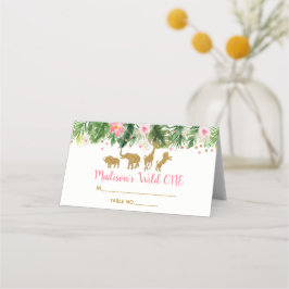 ピンク&金ゴールドサファリアニマルワイルドワンファースト誕生日 プレイスカード