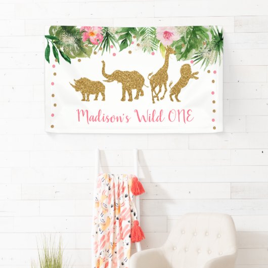 ピンク&金ゴールドサファリワイルドワンファースト誕生日 横断幕 (インサイチュ)