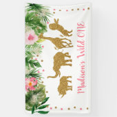 ピンク&金ゴールドサファリワイルドワンファースト誕生日 横断幕 (縦)