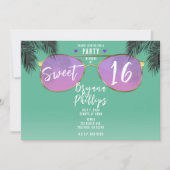 ピンク&金ゴールドサングラスティール(緑がかった色)サマースイート16パーティー 招待状 (正面)