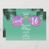 ピンク&金ゴールドサングラスティール(緑がかった色)サマースイート16パーティー 招待状 (正面/裏面)