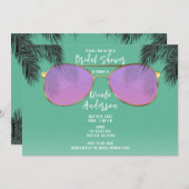 ピンク&金ゴールドサングラスティール(緑がかった色)サマーブライダルシャワー 招待状 (正面/裏面)