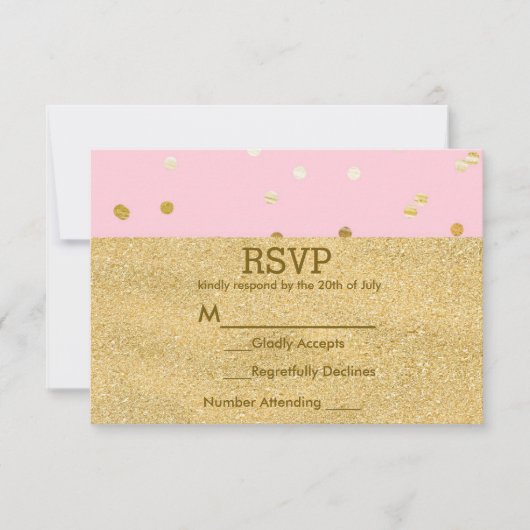 ピンク&金ゴールドシャイニー紙吹雪ドットシックモダンRSVP 出欠カード (正面)