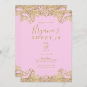 ピンク&金ゴールドシャインレースエレガントスウィート16パーティー 招待状 (正面/裏面)