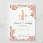 ピンク&金ゴールドシャンパンボトルフローラブライダルシャワー 招待状 (正面)