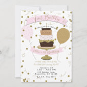 ピンク&金ゴールドシュガーはスウィートファーストお誕生日ケーキ 招待状 (正面)