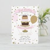 ピンク&金ゴールドシュガーはスウィートファーストお誕生日ケーキ 招待状 (スタンド正面)