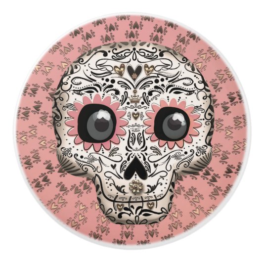 ピンク&金ゴールドシュガースカル&かわいいお洒落ハート セラミックノブ (正面)