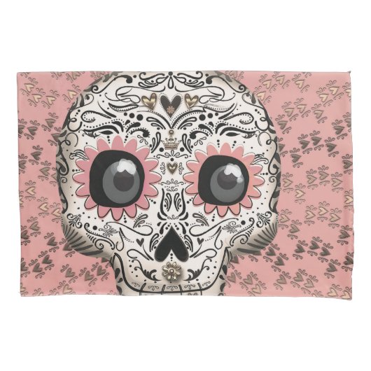 ピンク&金ゴールドシュガースカル&かわいいお洒落ハート 枕カバー (正面)