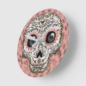 ピンク&金ゴールドシュガースカル&キュートお洒落ハート ラウンド壁時計 (傾斜)
