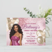 ピンク&金ゴールドスウィート16ガール誕生日招待状 招待状 (スタンド正面)
