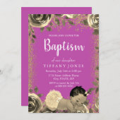 ピンク&金ゴールドスパークルグリッターガールバプテスマ招待状 招待状 (正面/裏面)