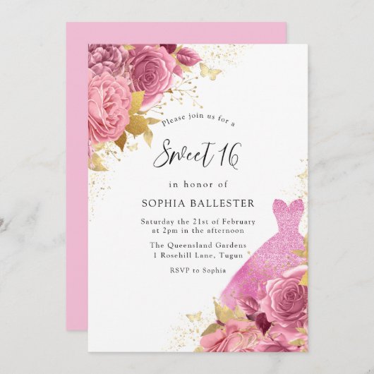ピンク&金ゴールドスパークルドレスバラスウィート16パーティー 招待状 (正面/裏面)