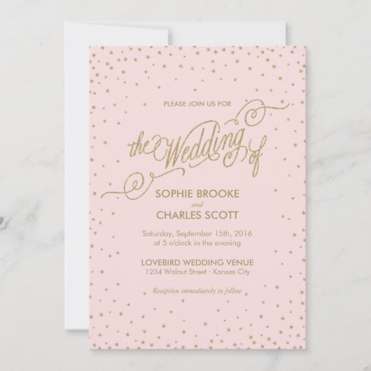 ピンク&金ゴールドスファンシーターズ結婚式招待状 招待状 (正面)