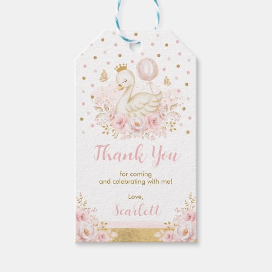 ピンク&金ゴールドスワンプリンセスとバルーン誕生日 ギフトタグ (正面)