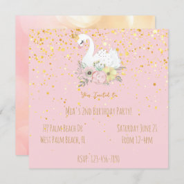 ピンク&金ゴールドスワンプリンセスガールズバースデーパーティーInv