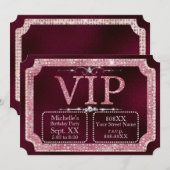 ピンク&金ゴールドダイヤモンドグリッターブルゴーニュVIPチケット 招待状 (正面/裏面)