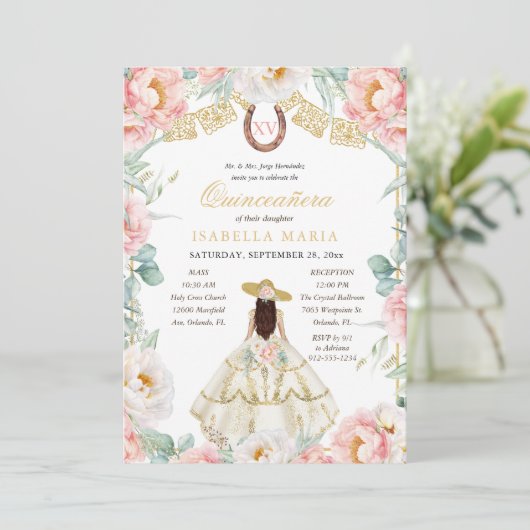 ピンク&金ゴールドチャラとフォトメキシコのキンセアニラ 招待状 (スタンド正面)