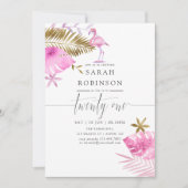 ピンク&金ゴールドトロピカルフラミンゴ21歳の誕生日パーティー 招待状 (正面)