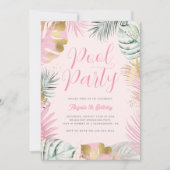 ピンク&金ゴールドトロピカル葉誕生日プールパーティー 招待状 (正面)