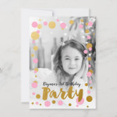 ピンク&金ゴールドドットバースデーパーティーフォト招待状 招待状 (正面)
