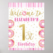 ピンク&金ゴールドドーナツ1st誕生日パーティーウェルカムサイン ポスター (正面)