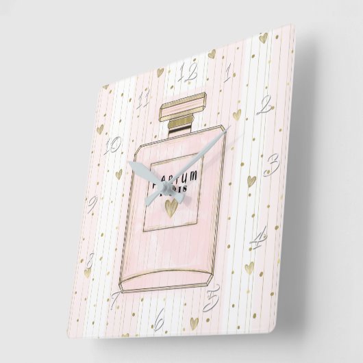 ピンク&金ゴールドハートパリパルフムシックファッション スクエア壁時計 (傾斜)