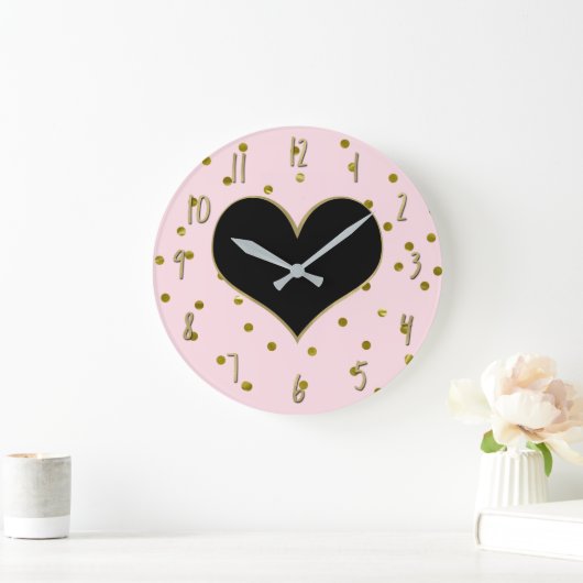ピンク&金ゴールドハート水玉模様モダントレンディーカワイ ラージ壁時計 (ホーム)