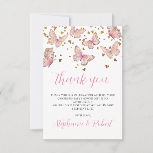 ピンク&金ゴールドバタフライキスベビーシャワー サンキューカード (正面)
