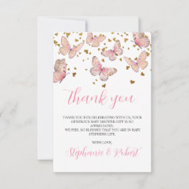 ピンク&金ゴールドバタフライキスベビーシャワー サンキューカード