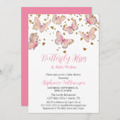 ピンク&金ゴールドバタフライキスベビーシャワー 招待状 (正面/裏面)