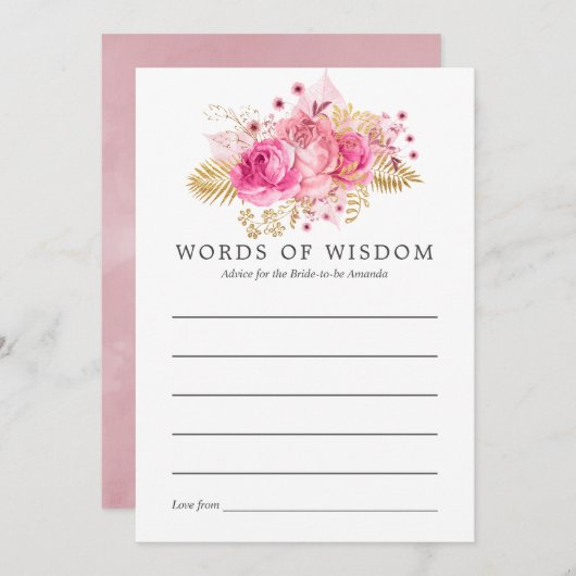 ピンク&金ゴールドバラ水彩ブライダルシャワーアドバイス 招待状 (正面/裏面)