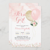 ピンク&金ゴールドバルーンガールベビーシャワー招待状 招待状 (正面/裏面)